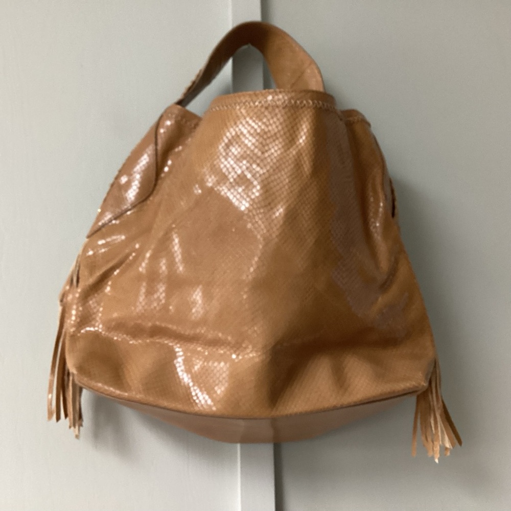 Cole Haan Purse Sierra Brown Snake Print Leather With Tassels Boho Handbag